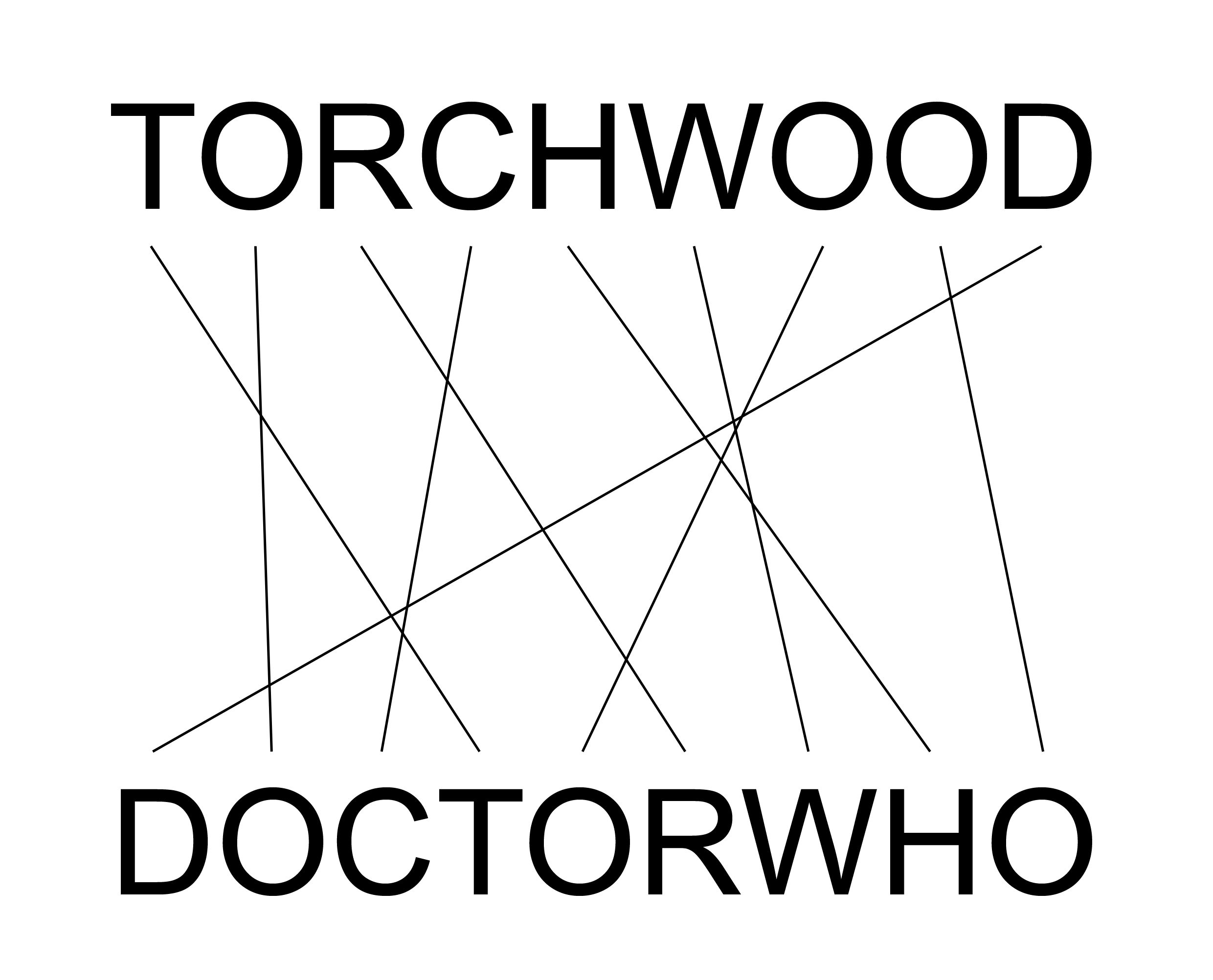 Text TORCHWOOD appears above DOCTOR WHO with black lines connecting each letter in TORCHWOOD to letters in DOCTOR WHO. White background.