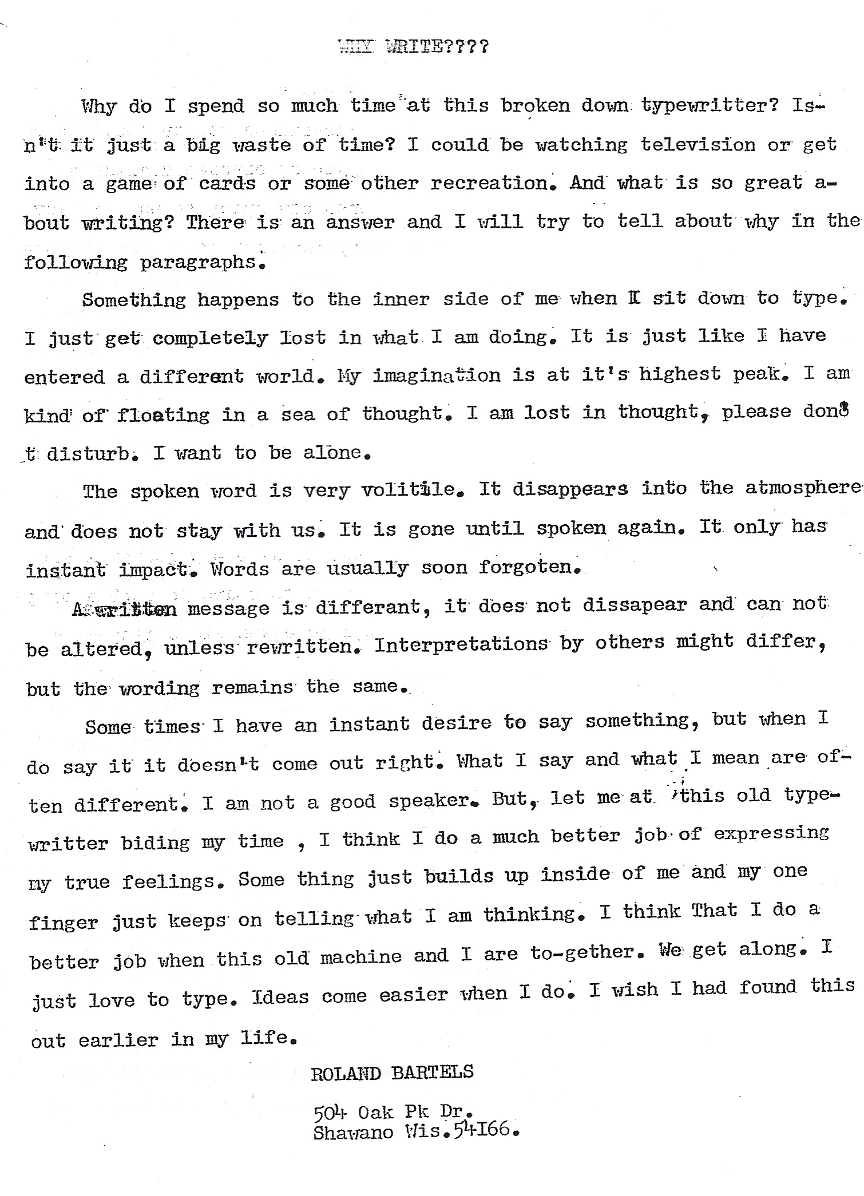 Typewritten page titled THE WRITER???? reflecting on the unique, personal process and fleeting nature of writing, signed by Roland Bartels with an address at the bottom.