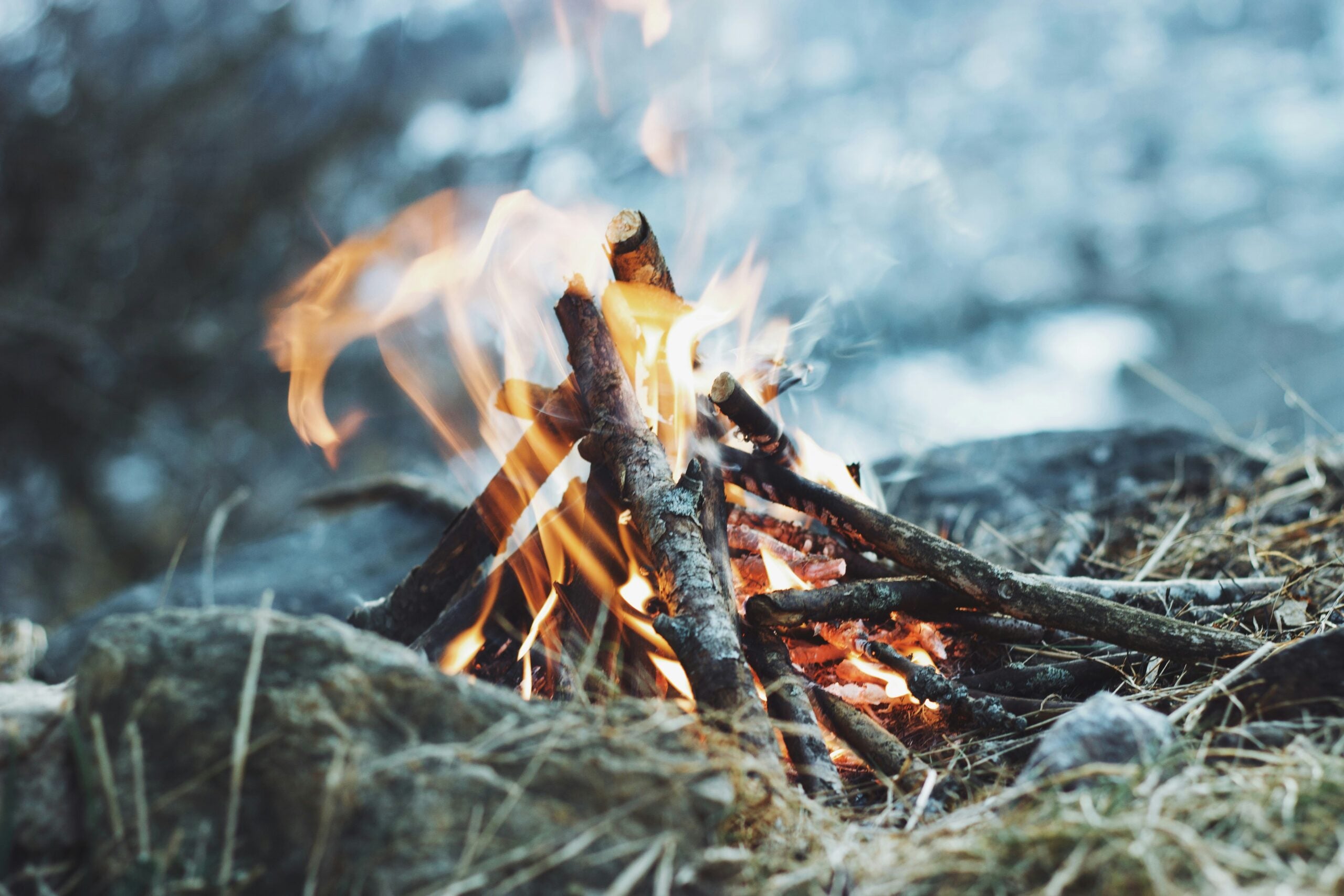 A small campfire burns with flames around arranged sticks and branches, surrounded by rocks and dry grass outdoors.