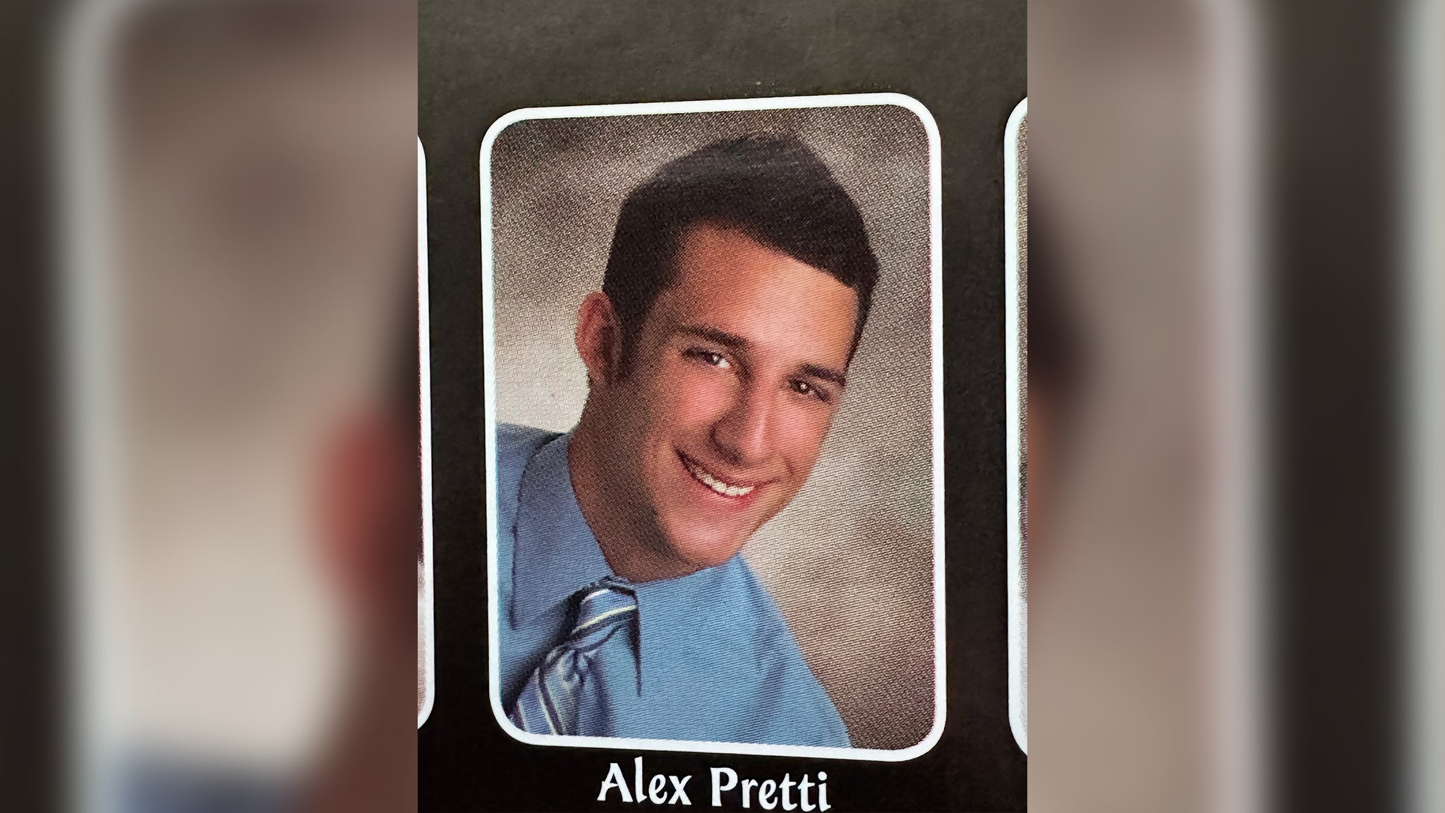 A young man in a blue shirt and tie poses for a formal studio portrait against a neutral background, with the name Alex Pretti printed below the image.