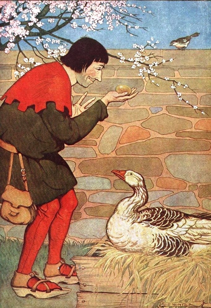 A man in medieval clothing kneels in front of a goose, holding a golden egg, with a stone wall and blossoming tree branches in the background.